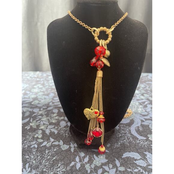 Vintage R.I. Bead & Comp Signed Long Goldtone Red Beaded Necklace Heart Charm - Picture 2 of 12